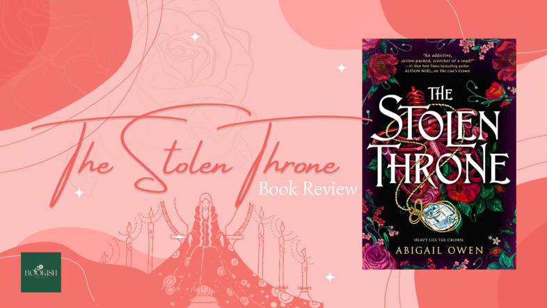 Red and pink background with The Stolen Throne cover. Text reads The Stolen Throne Book Review